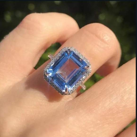 Sapphire Ring Jewelry - New Blue Aquamarine Silver Diamond Halo Ring